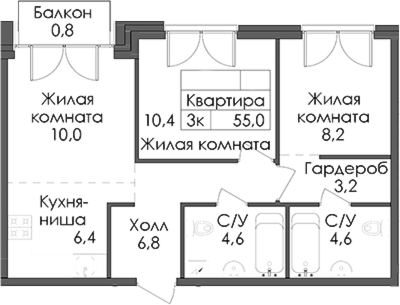 2-комнатная квартира 55 м², 3/9 эт., ЖК «Лермонтовский 54»